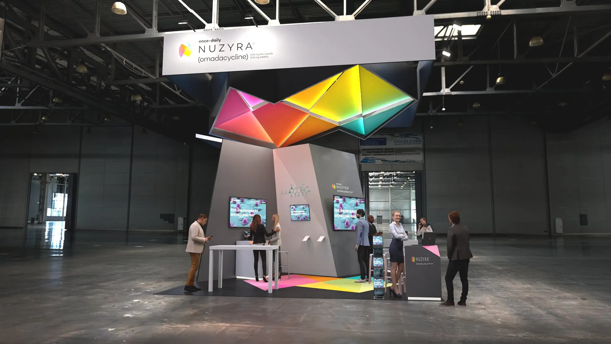 20x20 booth with bold colors and dynamic screens